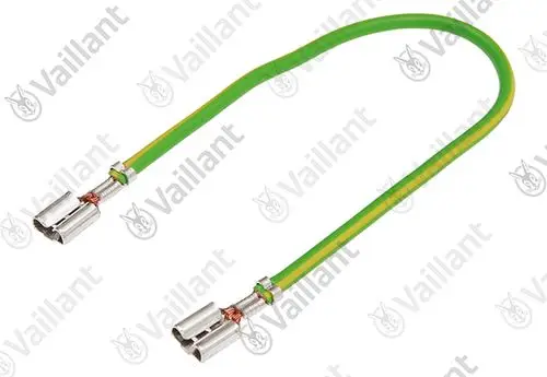 Vaillant Kabel mit zwei Anschlussklemmen, grün-gelbes isoliertes Kabel, geeignet für elektrische Verbindungen in Heizungsanlagen.